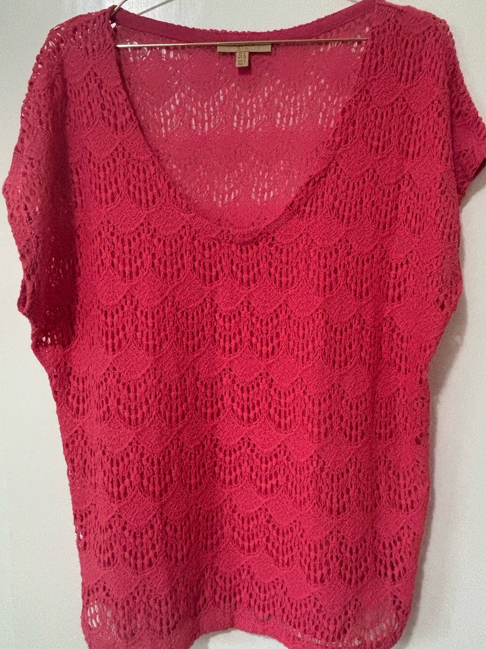 Zara| Pink Open-Knit V-Neck Short Sleeve Scalloped Lightweight Sweater Sz M